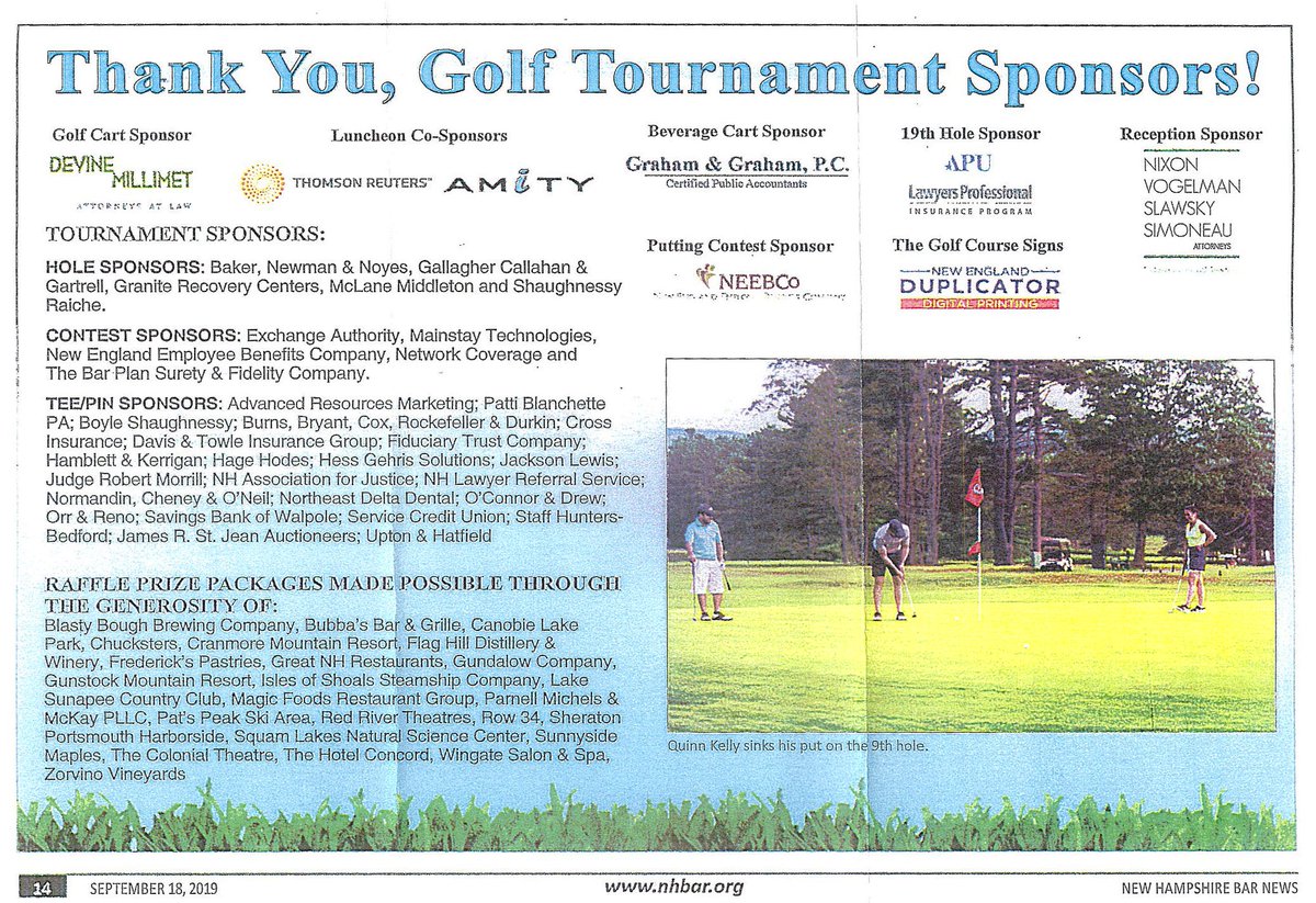 LakeSunapeeCC's tweet photo. Our thanks to all of the sponsors for another great tournament.  Proceeds are for the benefit of the NH Bar Association’s Pro Bono Referral Program. https://t.co/pNKT0SvzIy