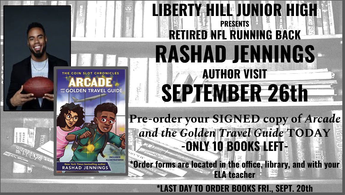 One week from today, <a href="/LH_JrHigh/">LHJH</a> will host <a href="/RashadJennings/">Rashad Jennings</a> for our 1st author’s visit of the year! All are invited to hear him speak Thursday at 8:45 or 9:45 am. #weneeddiversebooks #authorsvisit <a href="/lhisdcomms/">LHISD Communications</a> @LHPL