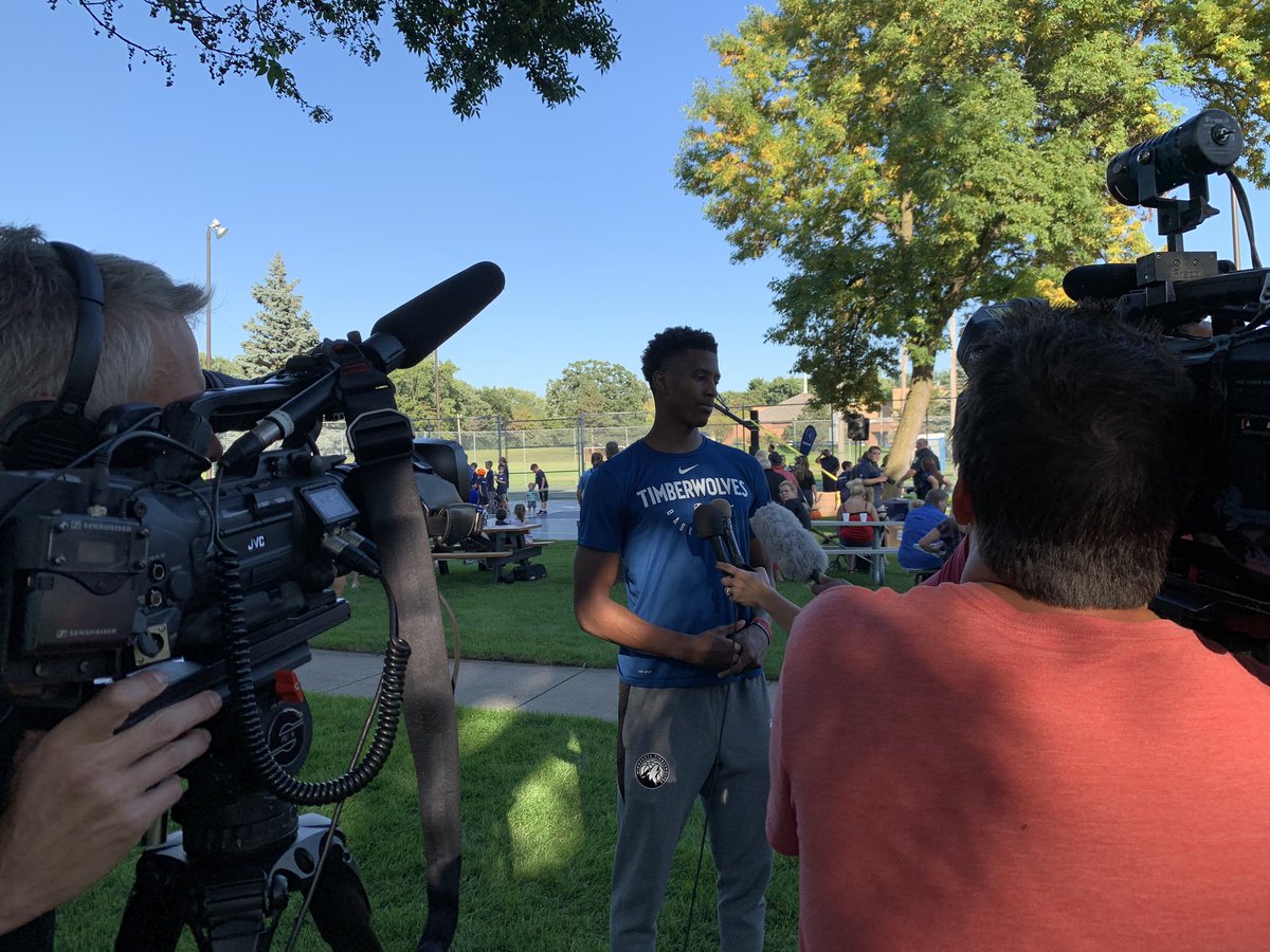 Twolves_PR's tweet photo. Timberwolves rookie @jarrettc08 talking to local media at the Fridley Court unveiling today. The @Timberwolves have been partnering with @usbank all summer to refurbish courts throughout Minnesota. https://t.co/l4pKvkg79c