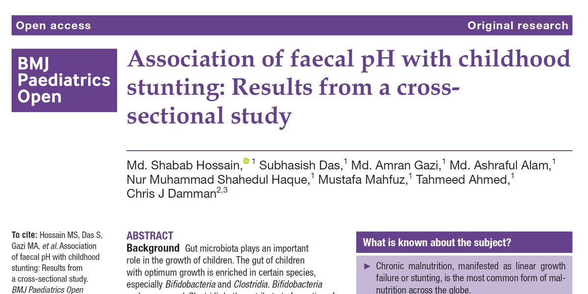 Important paper out this week by <a href="/gatesfoundation/">Gates Foundation</a> and <a href="/icddr_b/">icddr,b</a> in <a href="/BMJ_PO/">BMJ Paediatrics Open</a>, showing significant link between elevated fecal pH and stunting in children. Without important gut microbes such as B. infantis, fecal pH rises and pathogens thrive. #EvivoHealth bit.ly/2m2OAQD
