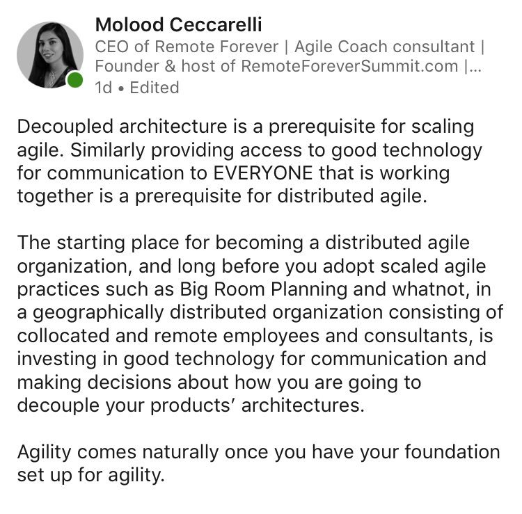 RemoteForever's tweet photo. Decoupled architecture is a prerequisite for scaling agile. Similarly providing access to good technology for communication to EVERYONE that is working together is a prerequisite for distributed agile.
#agile #scaledagile #tech #workfromanywhere #remotework #distributedagile https://t.co/BgpCeV8sOK