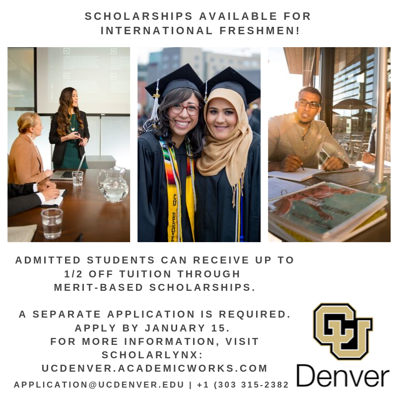 CUDenverIntlAdm's tweet photo. Did you know that we have merit-based #scholarships for international freshmen? Scholarships range from $1,000-$16,250 for one year. #internationalstudents #intled #studycolorado https://t.co/NMaT20u3X4