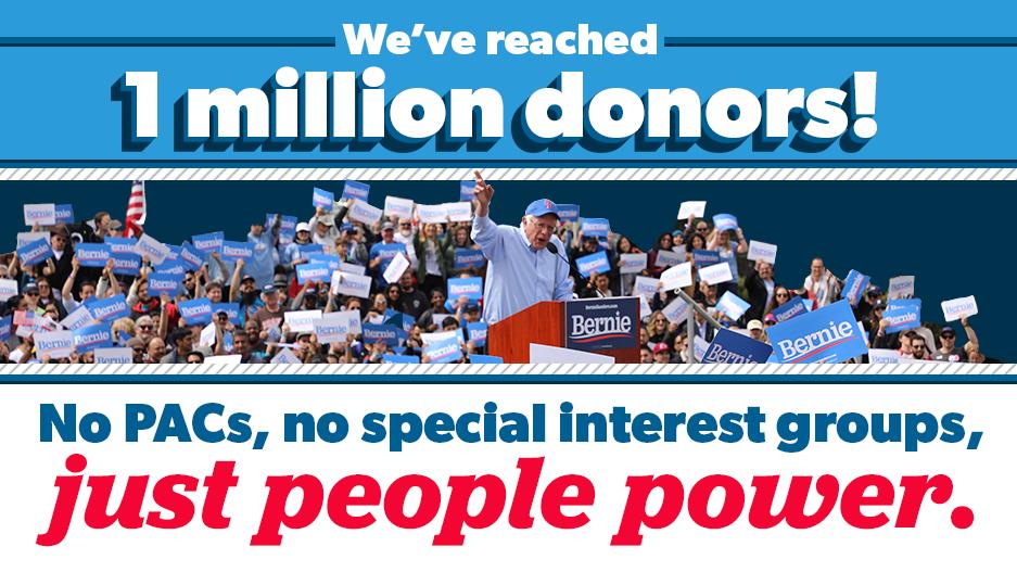 BernieSanders's tweet photo. This is astonishing.

1 million donors have given to our campaign, faster than any in history. We've now received more than 2.5 million contributions.

We are the only campaign with more support than Trump. We will defeat him and build a country that works for all of us. https://t.co/y76kfWACP2