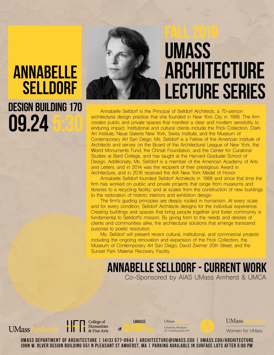 SelldorfArch's tweet photo. We’re getting excited for Annabelle’s lecture @UMassAmherst @UMassArch next Tuesday, 9/24. She’ll be discussing recent and ongoing projects such as #TheFrickCollection, #MCASD, #DavidZwirner, and #LUMAarles among others.

https://t.co/3ekRkeK0Sg https://t.co/4nv8ow6vgx