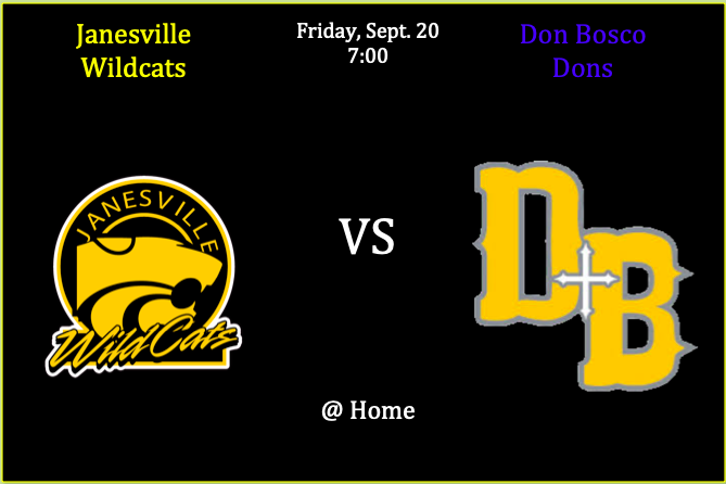 JCSDWildcats's tweet photo. FRIDAY NIGHT FOOTBALL! Undefeated Janesville Wildcats vs. Undefeated Don Bosco Dons! Friday, September 20th at 7:00pm at Jack Bolt Field! #JCSDPride #GoCats https://t.co/a9dxqsVtUc