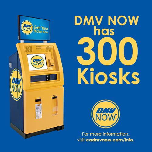 CA_DMV's tweet photo. We’re EXCITED to announce our 300th DMV Now kiosk! Don’t wait in line to renew your vehicle registration! Get your license plate sticker on the spot, and explore other popular features! Learn more & find one near YOU: https://t.co/2EBIScwn15 #DMVNOWKIOSK #CADMV #DMVKIOSK https://t.co/F8D4d1sLEo