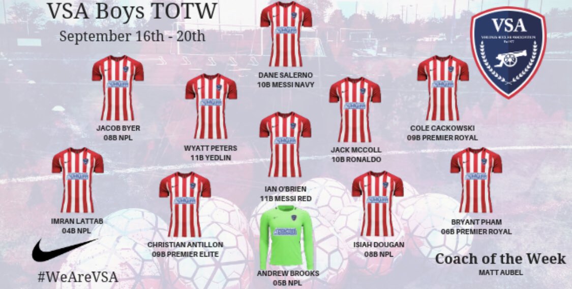 SoccerVSA's tweet photo. VSA | Team of The Week | 🔴🔵 

All of our groups were in action this week with league, President Cup &amp; Doubleheader’s! 

Congratulations to all the players and coaches who set the standard on a great weekend! 

#Best11 #TOTW #WeAreVSA🔴🔵 https://t.co/ZSZ55icrLN