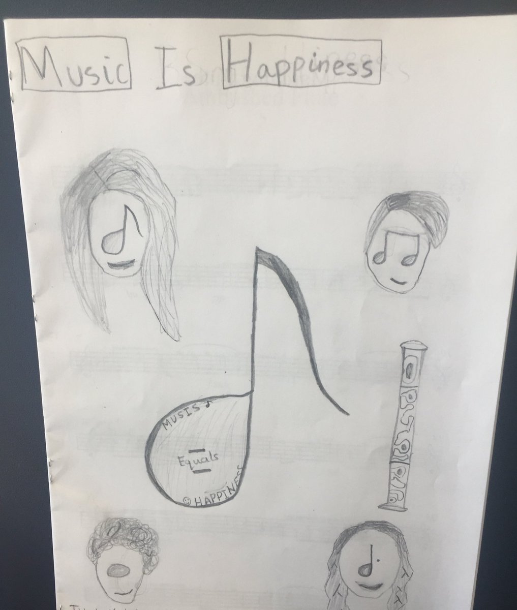 Lovely to be getting back into the swing of things with @InHarmonyNE A flute pupil decorated her book of pieces like this-maybe this is a what we should have on the cover of every music book?! #musicishappiness
