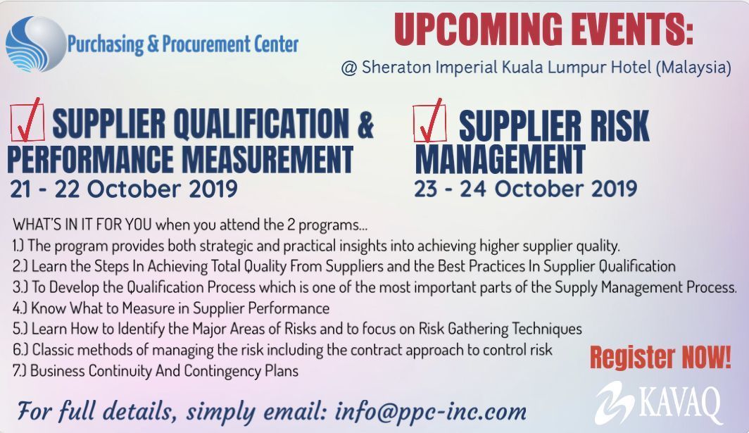 Procurement_Ctr's tweet photo. https://t.co/FVYl61EKmp Key Take Aways when you attend our public programs this October...
(1) Supplier Qualification &amp; Performance Measurement (21-22 Oct); (2) Supplier Risk Management (23-24 Oct)
***EMAIL info@ppc-inc.com to get the full details.*** https://t.co/0YhQ2SxNsH