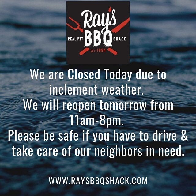 RaysBBQ1's tweet photo. We are closed today due to inclement weather. We will reopen tomorrow from 11am-8pm. Please be safe & stay tuned to local news for updates.
#raysbbqshack #imelda https://t.co/wbHQ8OZ9j4