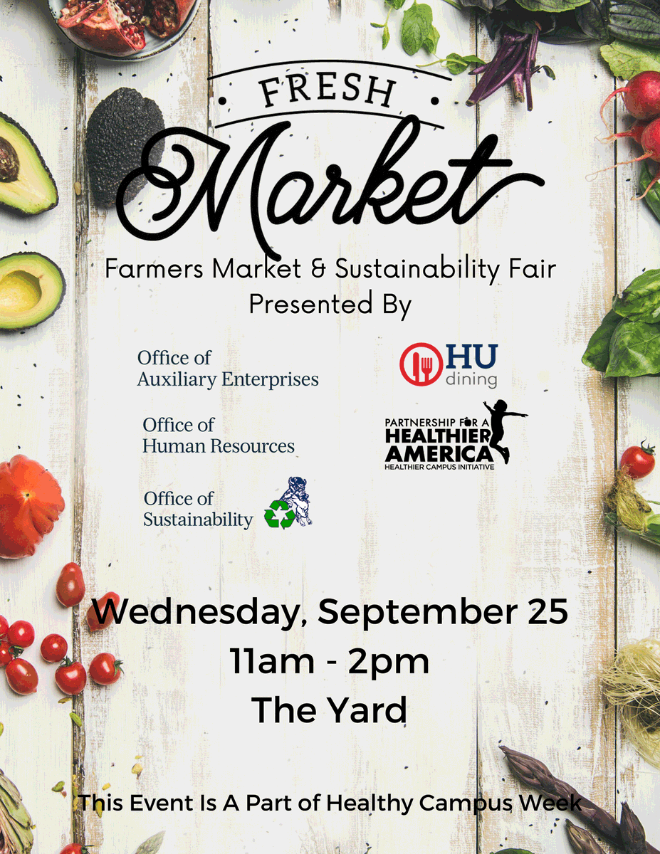 HUdining's tweet photo. Next week is Healthy Campus Week, #HU! Here's the line up of events:
➡️Fill-Up Monday 🚰
➡️Farmers Market & Sustainability Fair 🍎♻️
➡️Students v. Staff Kickball 💪
➡️#FnVFriday #EatYourColors 🔴🔵
@HowardU @Howard_SLA @HUStudentHealth @HUStudentAffair @HUShopBison https://t.co/9WAQhaNPGO
