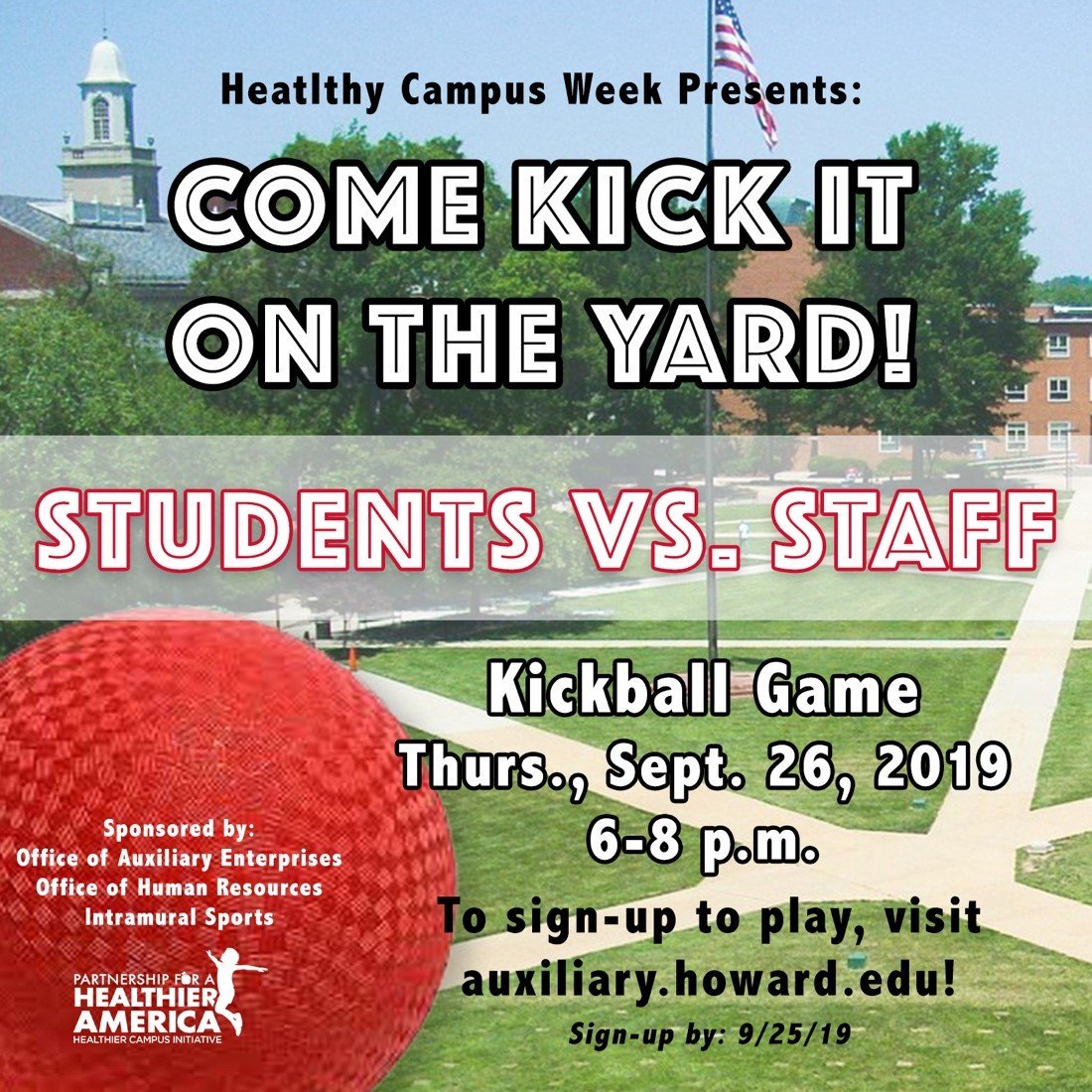 HUdining's tweet photo. Next week is Healthy Campus Week, #HU! Here's the line up of events:
➡️Fill-Up Monday 🚰
➡️Farmers Market & Sustainability Fair 🍎♻️
➡️Students v. Staff Kickball 💪
➡️#FnVFriday #EatYourColors 🔴🔵
@HowardU @Howard_SLA @HUStudentHealth @HUStudentAffair @HUShopBison https://t.co/9WAQhaNPGO