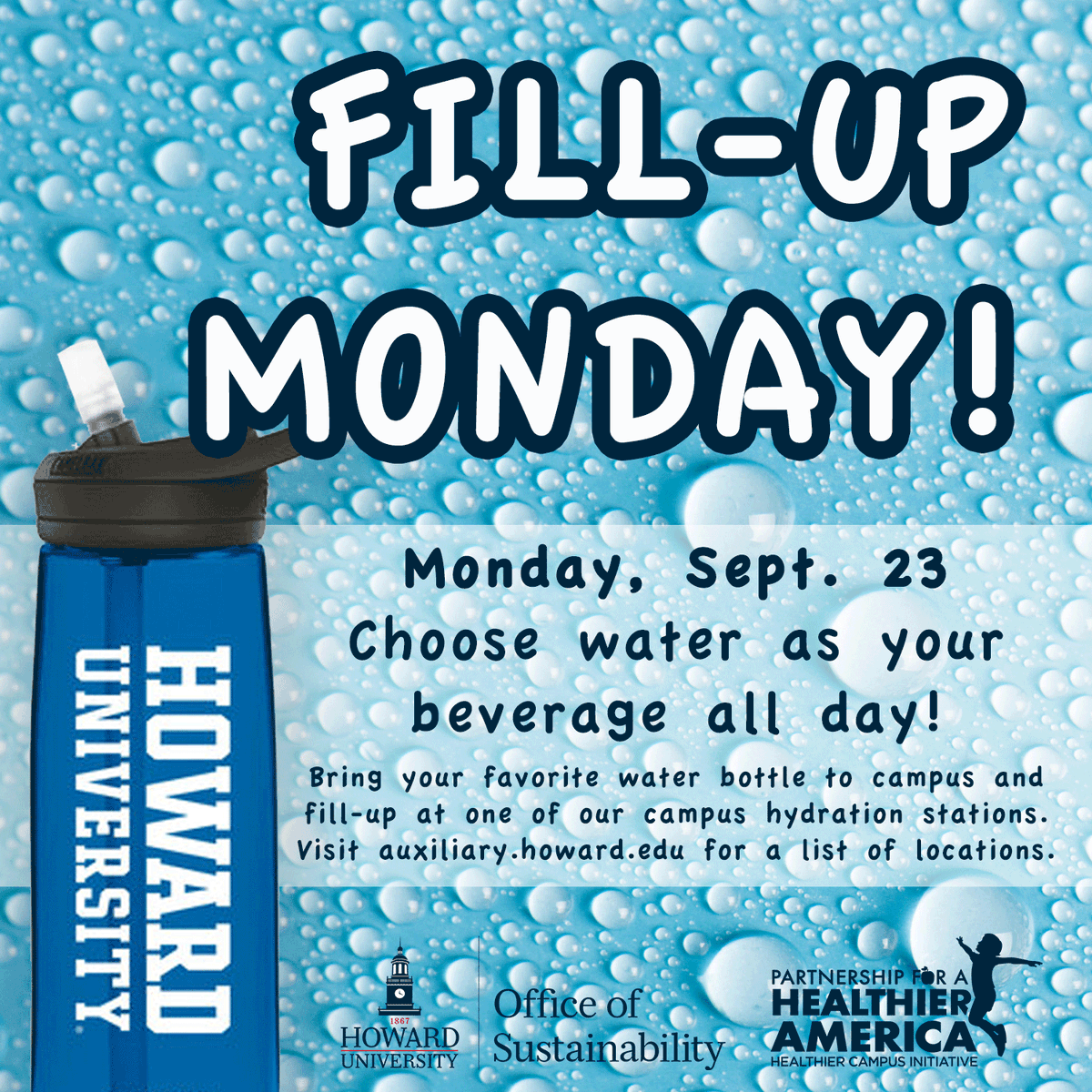 HUdining's tweet photo. Next week is Healthy Campus Week, #HU! Here's the line up of events:
➡️Fill-Up Monday 🚰
➡️Farmers Market & Sustainability Fair 🍎♻️
➡️Students v. Staff Kickball 💪
➡️#FnVFriday #EatYourColors 🔴🔵
@HowardU @Howard_SLA @HUStudentHealth @HUStudentAffair @HUShopBison https://t.co/9WAQhaNPGO