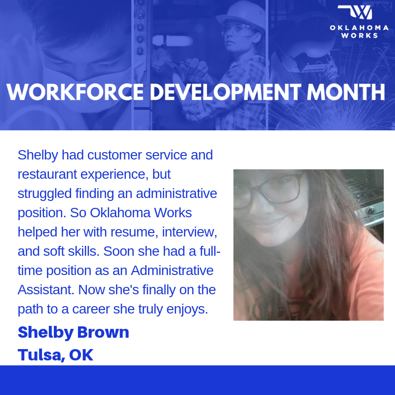 OKLAworks's tweet photo. Meet Shelby Brown. She came to Oklahoma Works looking to start an administrative career. After resume prep, interview and soft skills training, she found a full-time position at a local law firm. Learn more about Shelby's story: https://t.co/2uJ9KUW2se #OKWFDevMonth https://t.co/WJZoxf7uWv