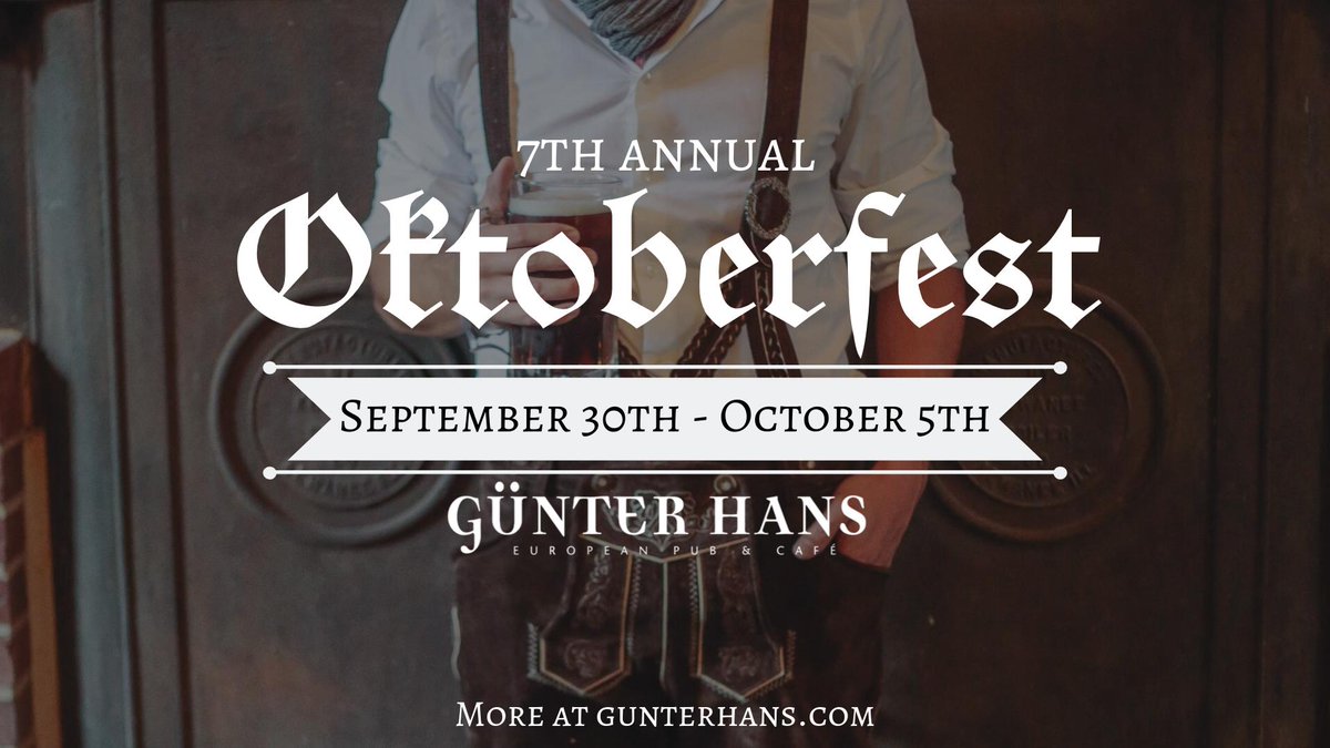 GunterHansCafe's tweet photo. Our 7th Annual Oktoberfest event is right around the corner, so get your lederhosen and dirndls ready for 6 days of Oktoberfestivities! ๐ฉ๐ช๐ป๐ฉ๐ช #oktoberfest #prost #lederhosen #dirndltime #craftbeer #beerfordays https://t.co/mmmJC7dF1P