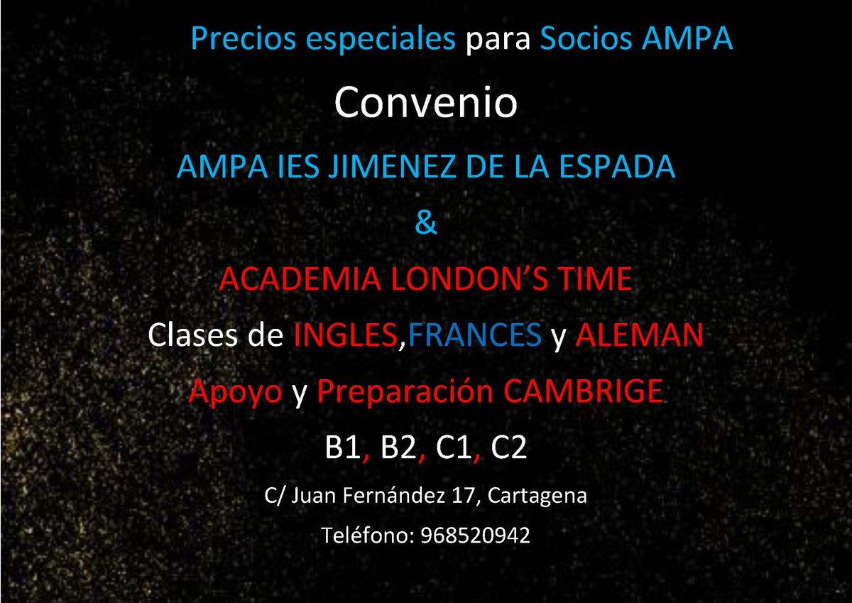 ampajdle's tweet photo. Información sobre precios y horarios,
llamando a la Academia #LondonsTimeIdiomas
y en el AMPA del Instituto.
#Cartagena #Idiomas https://t.co/bylwdHH9tx