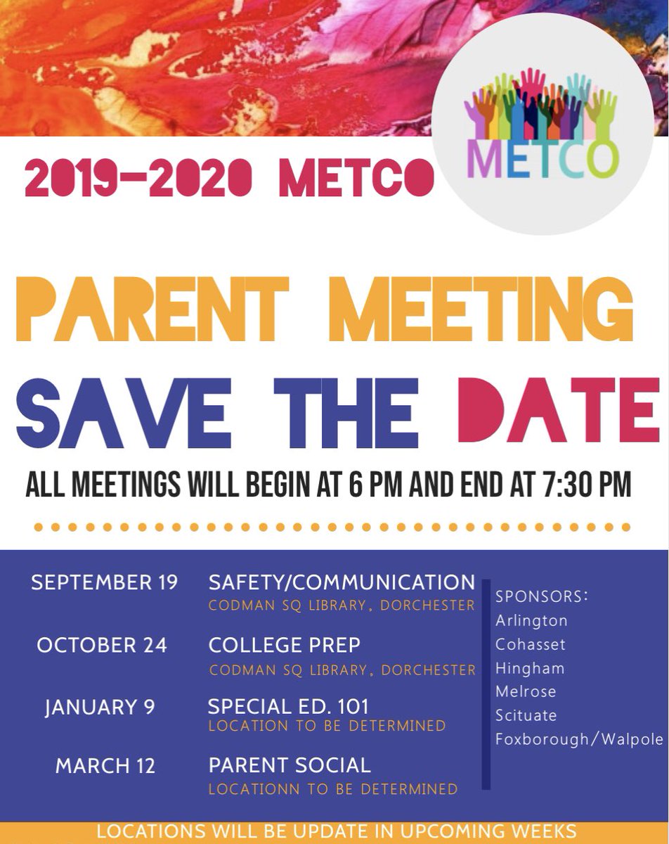 REMINDER: 1st METCO Collaborative Parent Meeting Tonight!
Codman Sq. Library from 6 pm to 7:30 pm.