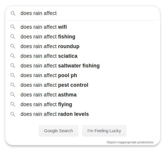 google search for: does rain affect

First result: "does rain affect wifi?"