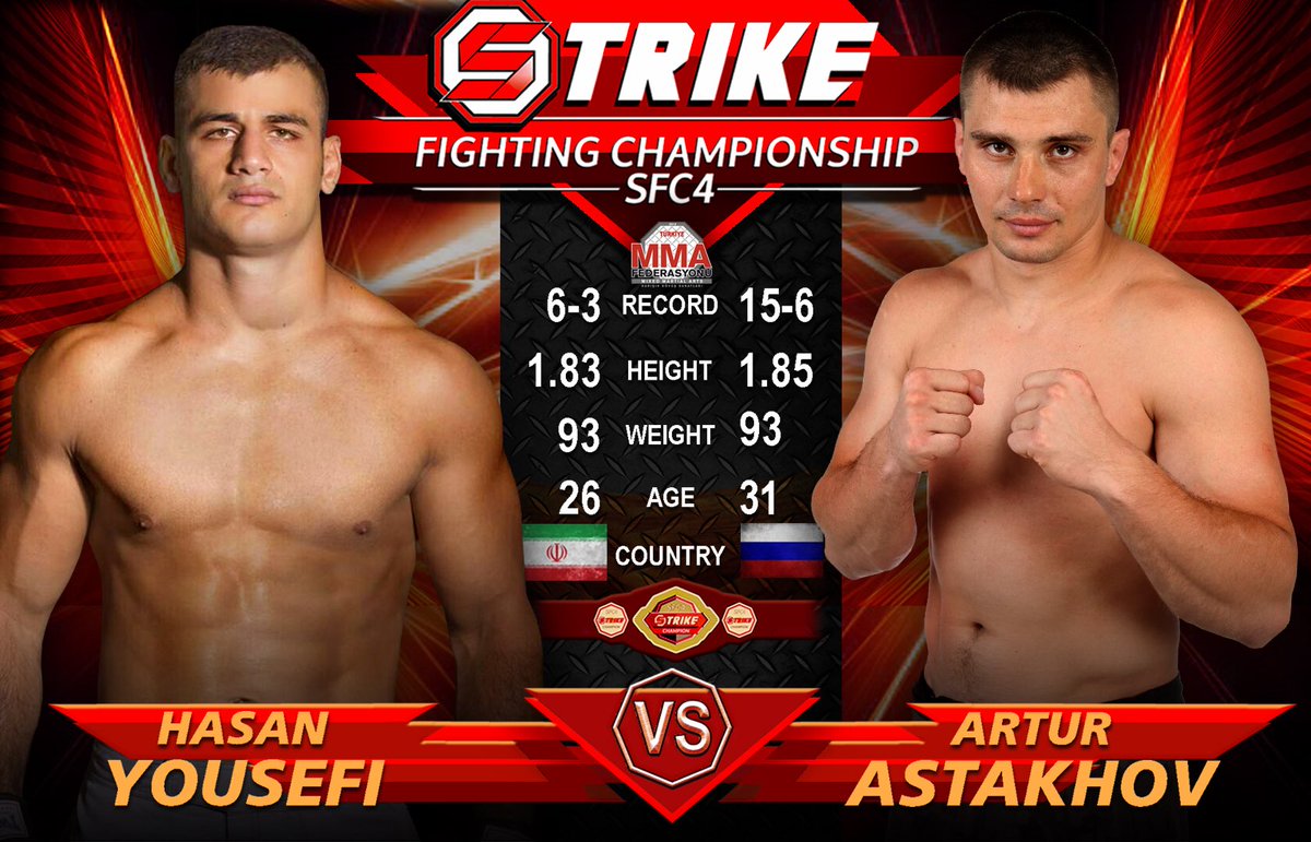 mma_strike's tweet photo. Champion belt fight @strikefc_mma in the weight category up to 93 kg! ⚡️⚡️⚡️
We are waiting for the fight:
🥊 ARTUR ASTAKHOV 🇷🇺 VS 🇮🇷 HASAN YUSEFI
@artur_astahov  vs  @hasanyousefii 
17.11.2019
#SFC4

Бой за пояс чемпиона @strıkefc_mma в весовой категории до 93 кг! https://t.co/lroVoxxXSf