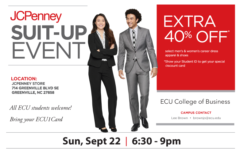 ⚠️REMINDER⚠️Students, faculty &amp; staff. The #SuitUp event @JCPenney is Sun., 9/22/2019, 6:30- 9 PM. 40% off select career dress apparel &amp; shoes w/ Student ID! <a href="/EastCarolina/">ECU</a> <a href="/ecuhcas/">Harriot College</a> <a href="/ECU_CAHS/">ECU Allied Health Sciences</a> <a href="/ECUCET/">ECU Engr&Technology</a> <a href="/ECUNursing/">ECU Nursing</a> <a href="/ECU_Honors/">ECU Honors College</a> <a href="/ECUBrodySOM/">ECU Brody School of Medicine</a> <a href="/ECU_COE/">ECU College of Education</a> <a href="/ECUComm/">ECU School of Comm</a> <a href="/ECUMillerSchool/">ECU Miller School of Entrepreneurship</a>