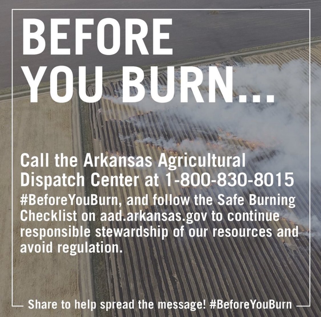 RiceArkansas's tweet photo. #BeforeYouBurn Call the AAD Dispatch Center at 1-800-830-8015, and follow the Safe Burning Checklist https://t.co/euVvXhzN7g to continue responsible stewardship of our resources and avoid regulation. @AginArk @ArFB @ARDeptofAgricul @arkansassoybean @AgCouncilofAr @ArkansasDEQ https://t.co/C3QihhEvCs