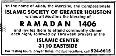 ISGH50's tweet photo. Check out this Ramadan ad we found in the Houston Chronicle archives. Can you do the math? What was the Gregorian year when it was 1406 Hijri? #ISGH50 https://t.co/GYpOAGZyNc
