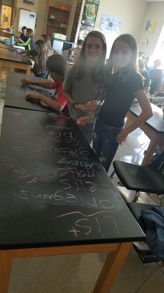 Mams_7Gold's tweet photo. Who said you can't write on desks in school? These students are compiling a list of properties of life using chalk on the black tabletops. #sciencefun https://t.co/Ql24mNtYY6