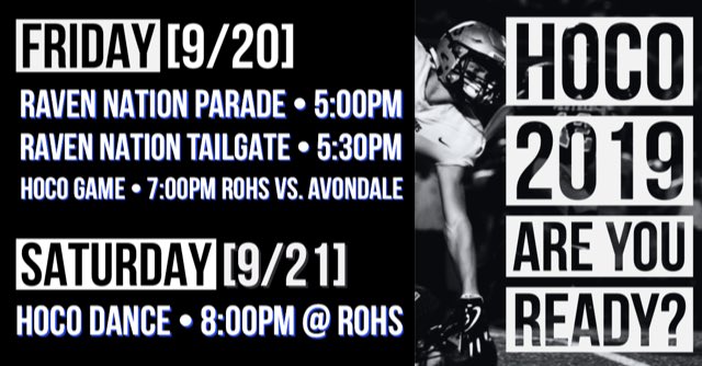 ROHS_Reimold's tweet photo. Friday: raven spirit wear! Let’s see it!! 
.
Don’t forget that the parade, tailgate and homecoming game are tomorrow! See you there! 😄 #rospirit #rohsspirit #hoco2019 https://t.co/VCRrSMk8Z2