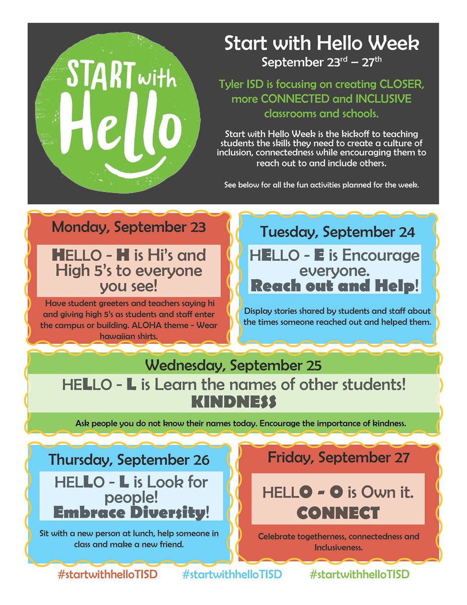 3rdjack_tisd's tweet photo. What better way to introduce our 3rd grade Twitter page than with a reminder about Start with Hello Week happening next week!! #startwithhelloTISD #leadlikeapatriot @jacktylerisd https://t.co/bvZxeRVoWB