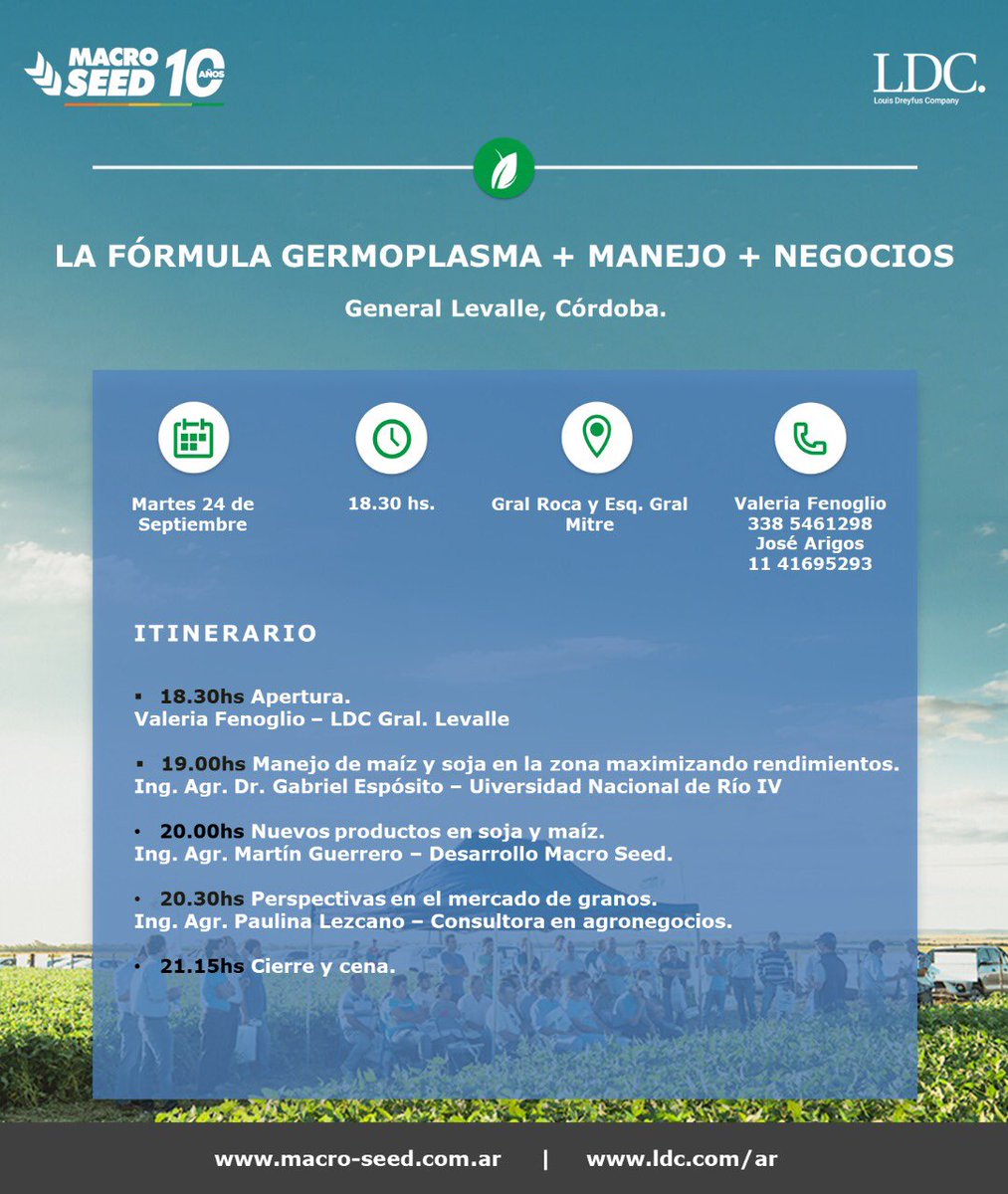 macro_seed's tweet photo. ¿Querés saber por qué la propuesta de @WeAreLDC es integral?

🌽 Genética
📕 Recomendaciones técnicas
📈 Info de mercado

Te esperamos!

📅 Martes 24 de Septiembre
📍 Gral. Levalle (Cba)
⏰ 18.30 hs https://t.co/A01QWR1XpR