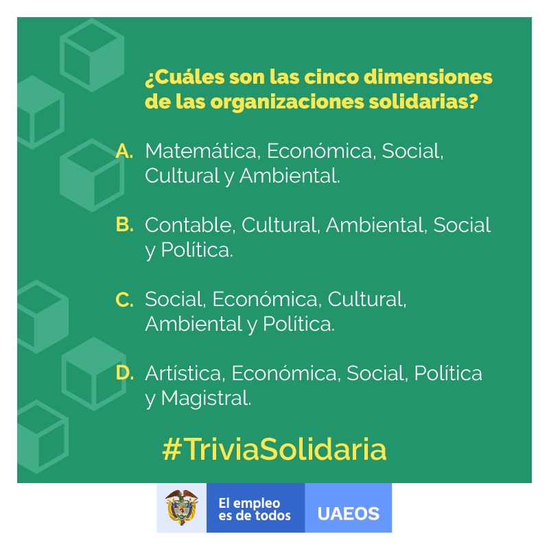 UsolidariaCo's tweet photo. ¿Qué tanto sabes de economía solidaria? Te retamos a demostrar que eres el mejor en nuestra #TriviaSolidaria
¿Cuáles son las cinco dimensiones de las organizaciones solidarias? https://t.co/oIB5YFYLLG