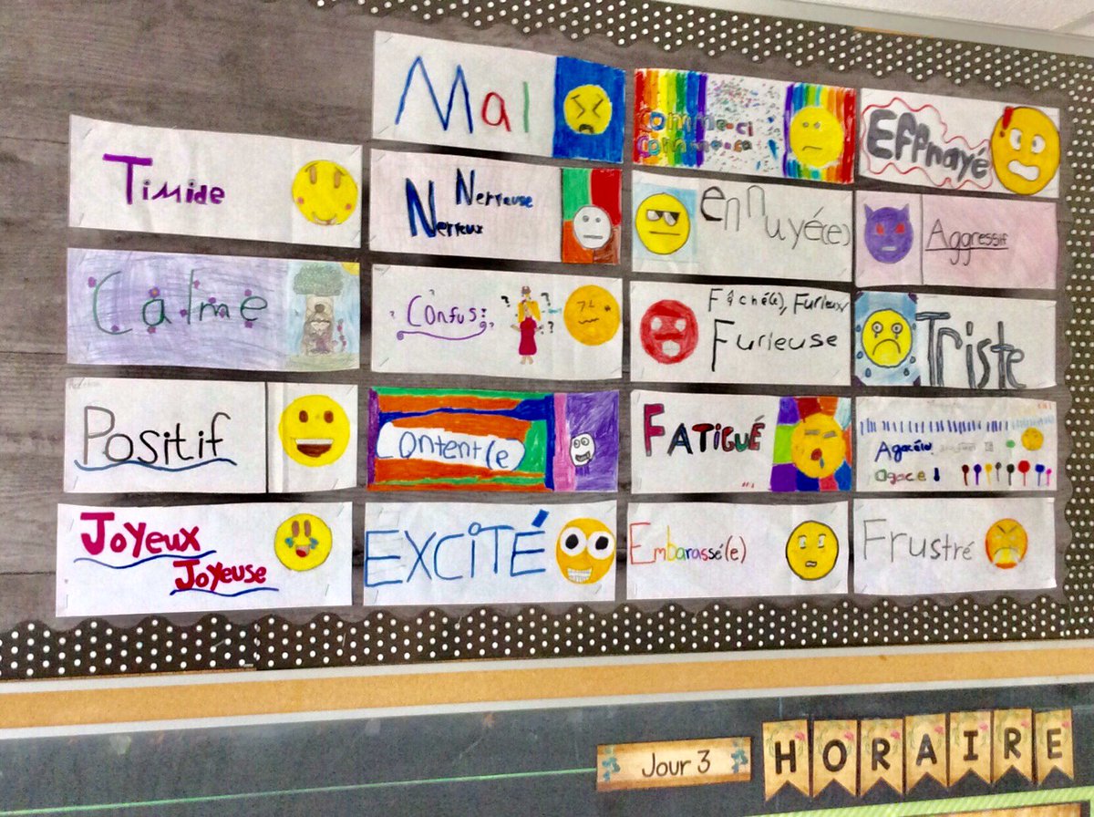 MmeHoorpah's tweet photo. #studentcreated word wall to represent les #émotions #enfrançais with emojis #madebystudentsforstudents #settinguptheclass #murdemots #frimm #frenchimmersion @RidgewoodROARZ @Daddison7 https://t.co/mh7Ci0b7Th