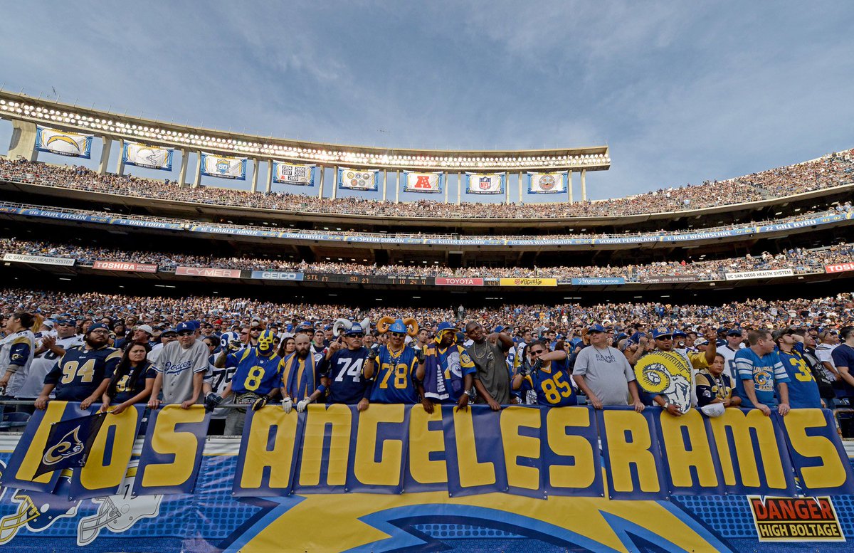 LosAngelesRams's tweet photo. @VinnyBonsignore A glorious memory as Rams fans throughout Southern California converged on Qualcomm, united in our effort to reclaim our team. Together with @SoCalRamsBC @GoldenRamBarber @ramsworldorder & thousands of fans, we served notice to the NFL that only one team belonged in L.A. #BBTLAR https://t.co/F3taPIvKsy