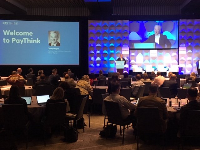 PayThink's tweet image. Tony Hayes from @OliverWyman welcomes the audience to PayThink 2019 in Los Angeles. #PayThink #Payments