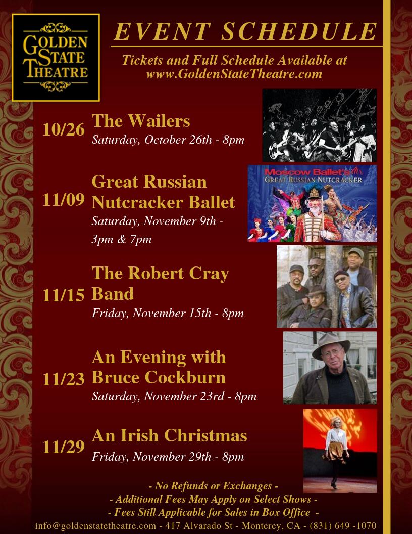 We have some fantastic shows coming up at the Golden State Theatre! Check out the event schedule and buy your tickets today at GoldenStateTheatre.com!