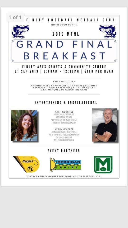 FinleyFNC's tweet photo. One more sleep till the @MurrayFL Grand Final. We are honured to be hosting with our partners @eagleimachinery &amp; @berriganshire. Tickets still available for the GF breakfast. https://t.co/aZ1ZK1KLge