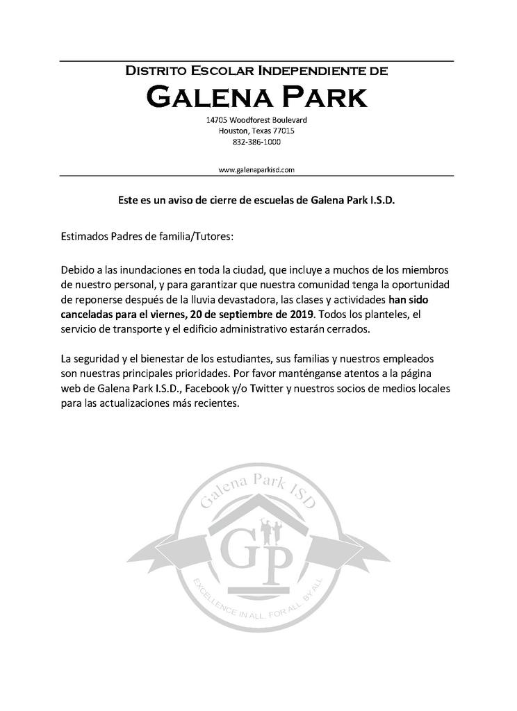 GalenaParkISD's tweet photo. Este es un aviso de cierre de escuelas de Galena Park I.S.D. https://t.co/9YBuF3jrrg