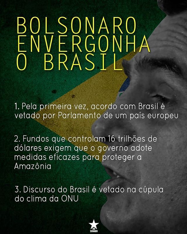 PTnoSenado's tweet photo. VERGONHA INTERNACIONAL
A política errática de Bolsonaro coloca o Brasil em situação vexatória. Nas últimas 24 horas, o país foi vítima de sanções, vetos e pitos internacionais.
#bolsonaroenvergonhaobrasil #governobolsonaro #amazonia #sosamazonia #meioa… https://t.co/AJMHEPEXdm https://t.co/M8MVvMyClG