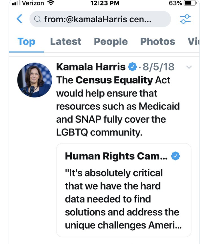 2018 Senators Kamala Harris and Tom Carper  introduce the Census Equality Act, to require the U.S. Census Bureau to ensure the approximately 10 million Americans who identify as LGBTQ are properly counted for and represented in Census data collection efforts.