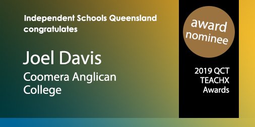 Congratulations to Joel Davis from <a href="/CACaburra/">CoomeraAnglicanColle</a> on being named <a href="/TheQCT/">QldCollegeofTeachers</a> TEACHXAward nominee in the Innovation in Teaching category. #QCTAward finalists will be announced on 9 October. Read Joel's story here - stories.qct.edu.au/joel-davis.html