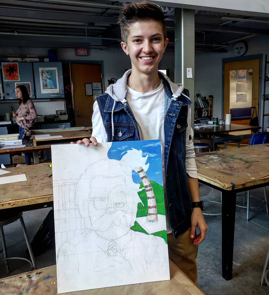 Amylynbrand's tweet image. Work in progress: Peanut envisions Mr. Tracey-Miller, Upper School librarian, as a classic literary character. #wearecountryday #ccdsarts #ccdslearning @CountryDay @ccdslibraries @TonyJaccaci @jgweinheimer