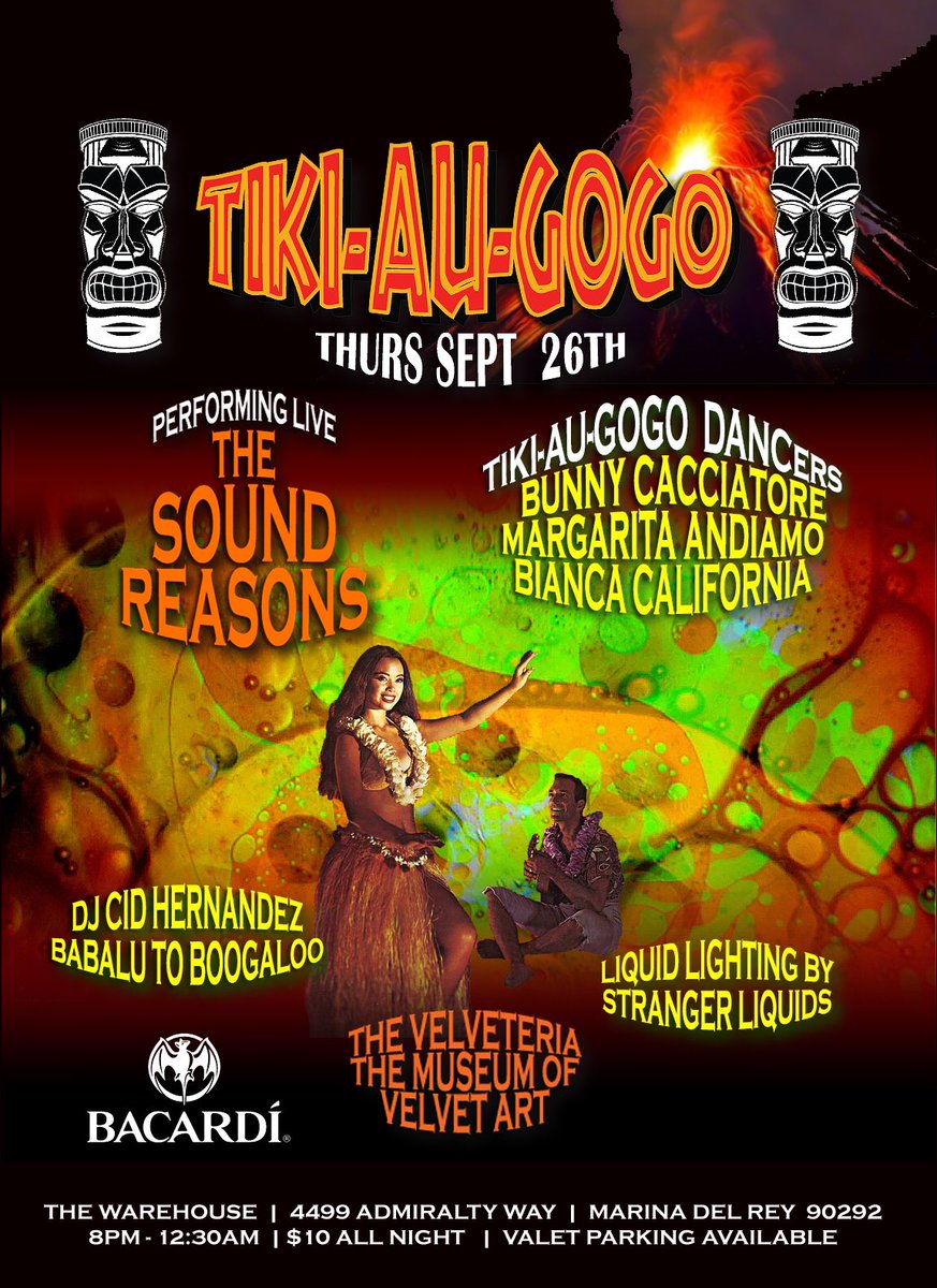 TikiAuGoGo's tweet photo. Tiki-Au-GoGo 9/26 the Warehouse Marina Del Rey
#tiki #gogo #tikigogo #tikiculture #hawaiianmusic #loungemusic #exoticamusic #tikiparty
#beachparty #marinadelrey #tikiaugogo
#latikiscene #tikiscene 
#westlosangeles #gogodancers #luau #tikidrinks #sixtiesculture #surfmusic #aloha https://t.co/e0FDoTgDTG