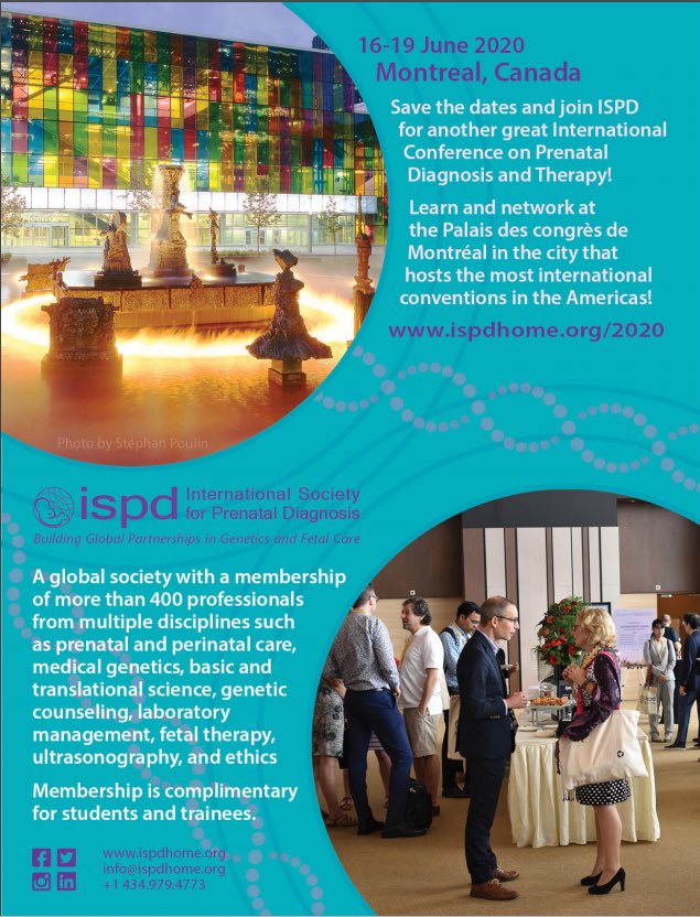 TimVanMieghem's tweet photo. Save the date! #ispd Montreal June 16-19, 2020. Ultrasound, genetics, MFM, NIPT, fetal therapy, whole exome and more! It is going to be a wonderful meeting. https://t.co/uDZ2UuKFmY