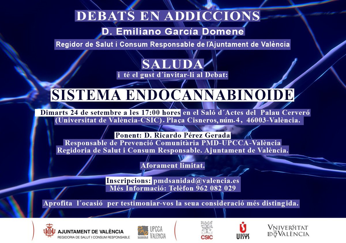 info_adicciones's tweet photo. Debats en Adiccions: Sistema Endocannabinoide .
Martes 24 de septiembre a las 17:00h. Valencia, Valencia.
D. Emiliano García Domene.
Ponente: Ricardo Pérez Gerarda. https://t.co/UgTZOuA3v7