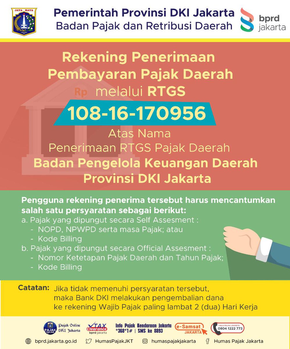 HumasPajakJkt's tweet photo. Hallo Sobat Pajak.

Segera lakukan pembayaran Pajak Daerah sebelum jatuh tempo agar tidak terkena denda ya Sobat Pajak.

Maju Kotanya, Bahagia Warganya.

@DKIJakarta https://t.co/xfm88tIIqG