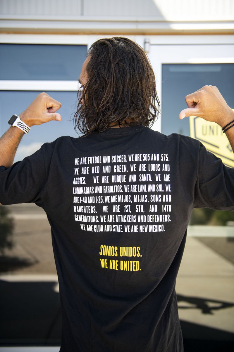 NewMexicoUTD's tweet photo. 🚨 NEW SHIRT ALERT 🚨 show off your New Mexican pride with our new statement tee. 

Choose to wear your pride on your back or on the front of your shirt. Available in-stadium tomorrow!

#NMUnited #SomosUnidos #WeAreUnited https://t.co/0reE8jkVBS
