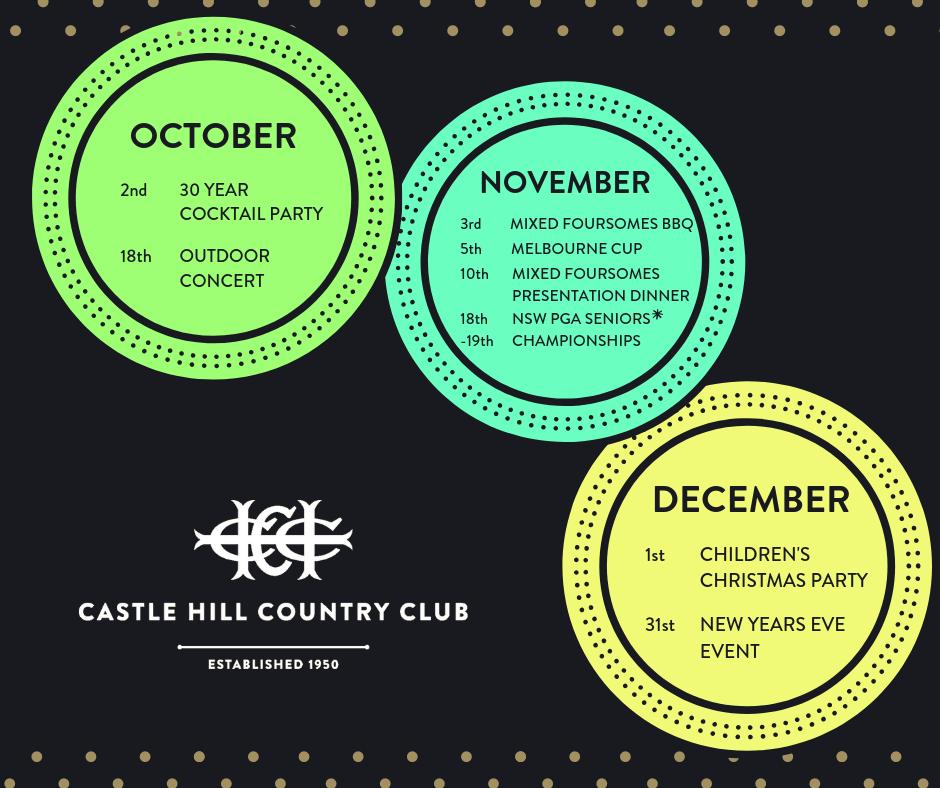 WHAT'S ON AT CHCC 🎆⁣
⁣
Social events can be paid with food and beverage account (Excluding PGA Seniors). For bookings and information: 02 9634 2499 or email admin@chcc.com.au⁣
⁣
#castlehillcountryclub #chcc #socialevents #golfclubs #eventssydney