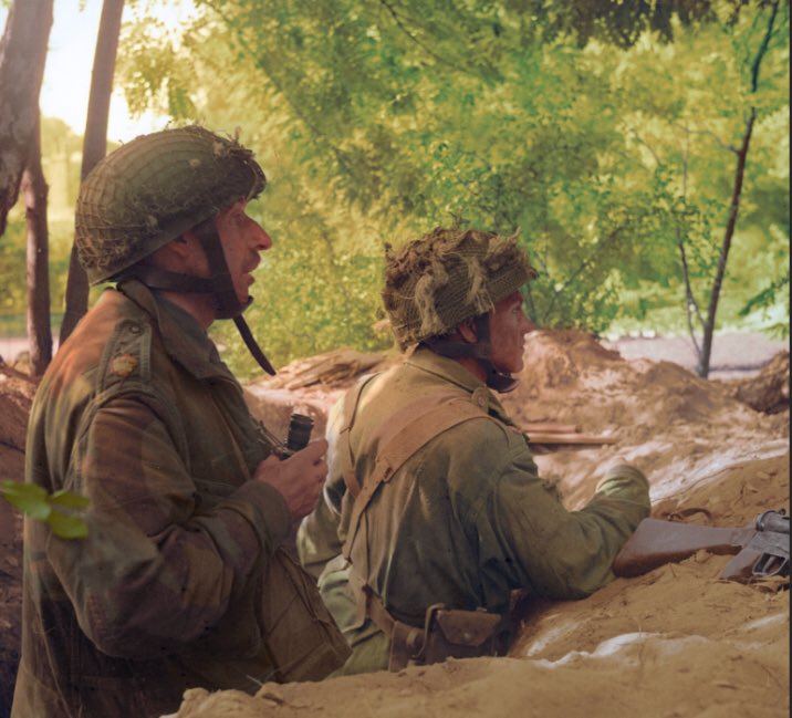 Day 4 of  #MarketGarden75 saw Grandad still in slit trenches around the Divisional perimeter at Oosterbeek. Here he is (right) pictured with Maj Jock Neill (left) at Van Lennepweg. I had this photo recoloured by Australian artist Benjamin Thomas