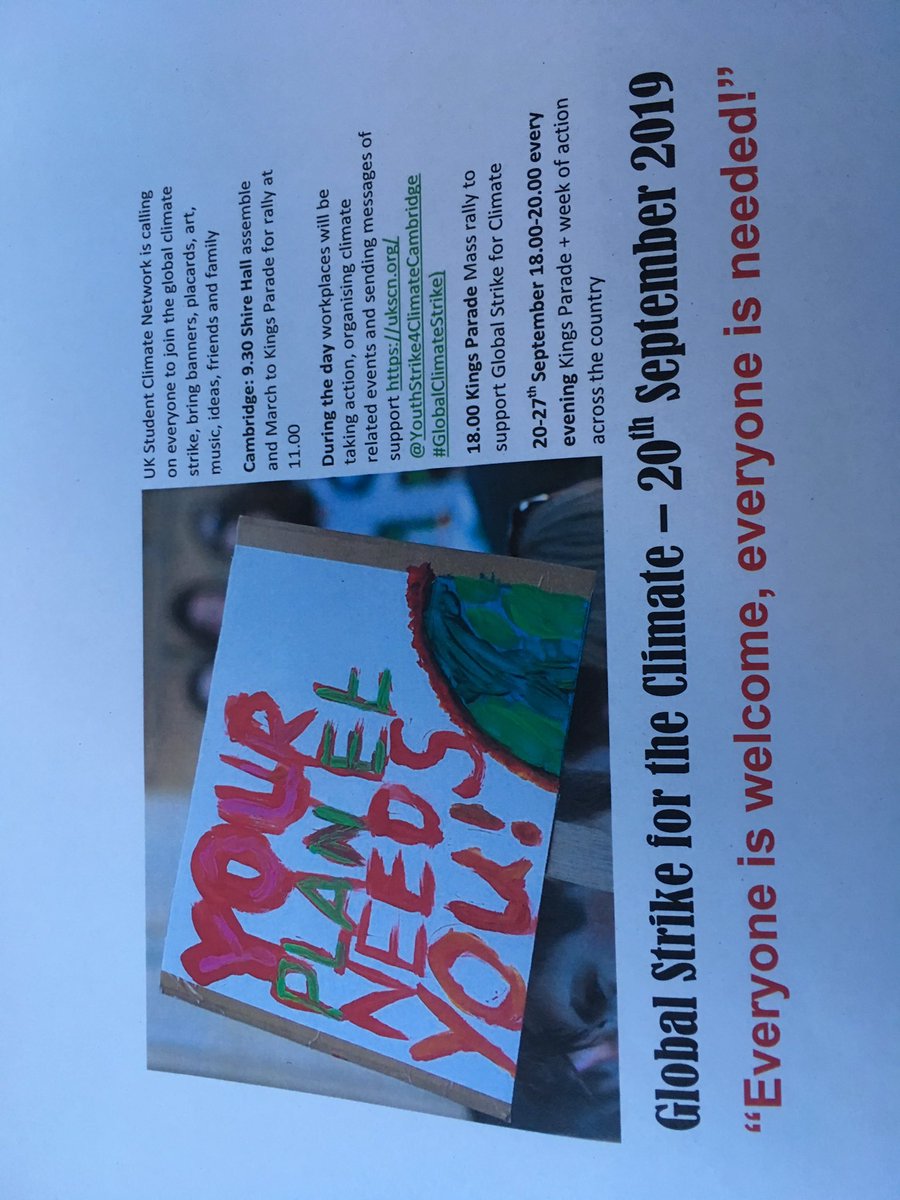 UNISONCambCity's tweet photo. Join the Global Strike for the climate today #unisongreenweek join us from 10.45 at the Guildhall to take part in the rally at 11am at Kings Parade- set your phone to sound the National Alarm at 11am https://t.co/Yk4l2h3XIz