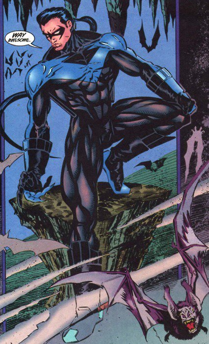 Next is the introductiin of the fingerstripes suit. In the 1995 Nightwing miniseries, Dick leaves the 1992 suit to Bruce, but after fighting off an assassin and figuring out who hired them, Dick receives a new suit from Harold Allnut and goes to Kravia to investigate. /23